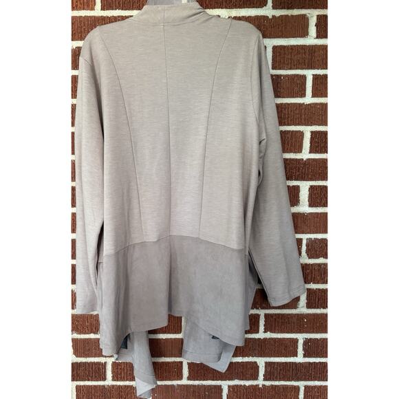 LOGO Lounge Lori Goldstein Tan Knit Draped Cardigan Faux Suede Hem Size XL - Picture 2 of 3